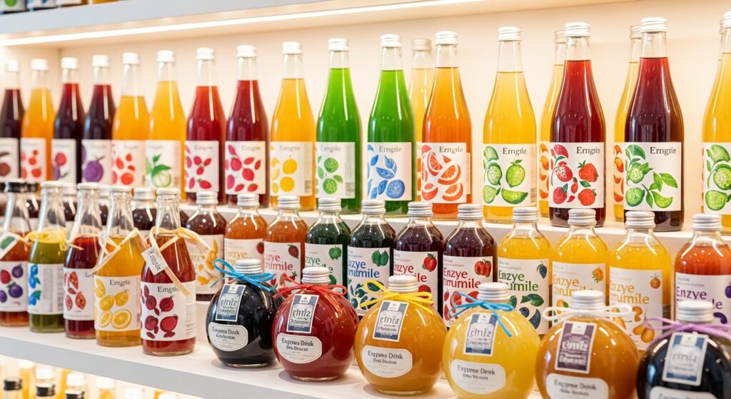 あなたのための酵素ドリンクを見つけよう! 棚に並べられた種類豊富なカラフルな酵素ドリンク。多くの選択肢と、新しい商品を見つける楽しさを表現しています。