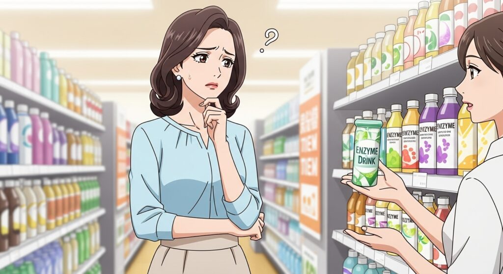 酵素ドリンクの選び方を説明するイラスト。様々な種類のドリンクを前にして、説明を聞きながら悩んでいる日本人女性。