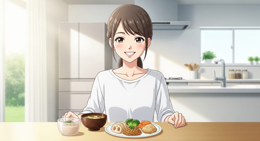 ファスティング準備食のイメージ：消化の良い和食を食べる日本人女性のアニメ風イラスト。笑顔で食卓についている。