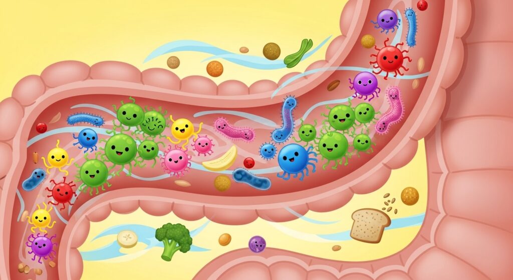 腸内フローラのバランスがとれた健康的な腸のイラスト。