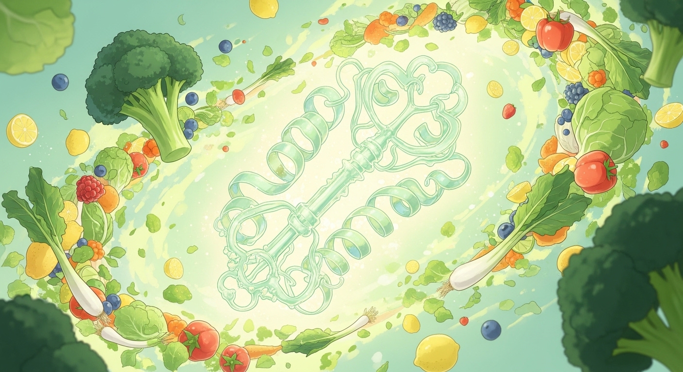 酵素の化学構造と、新鮮な野菜や果物を組み合わせた、明るく爽やかなイラスト