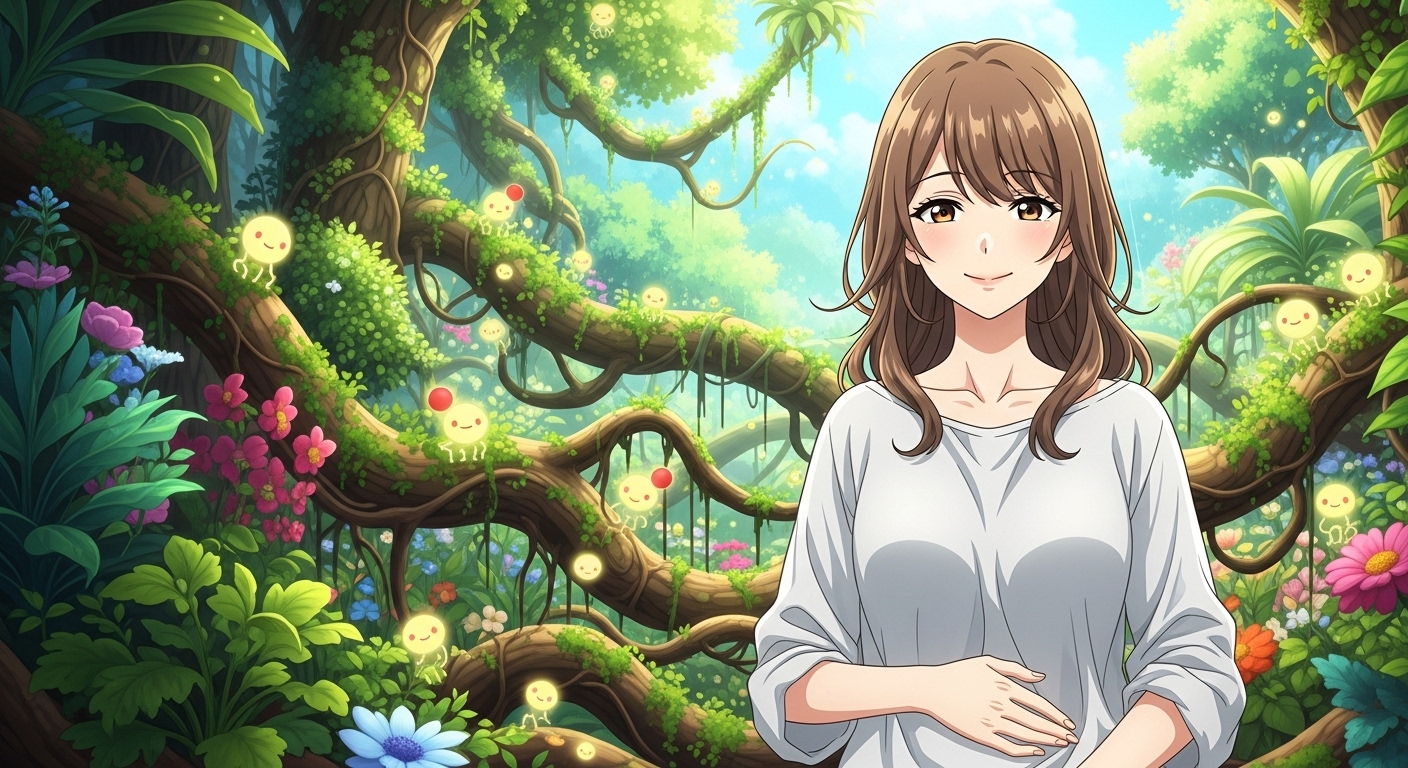 笑顔の女性が、お腹に手を当ててすっきりとした表情を浮かべているイラスト。背景には、腸内環境をイメージさせる植物のイラストが描かれている。