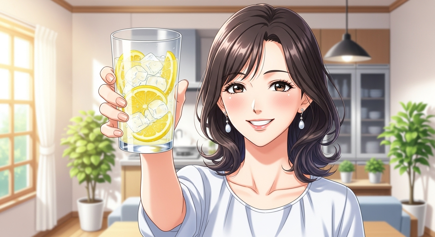 ファスティングを始める日本人女性のアニメ風イラスト。健康的な酵素ドリンクのグラスを手に、明るく優しい笑顔を浮かべている。