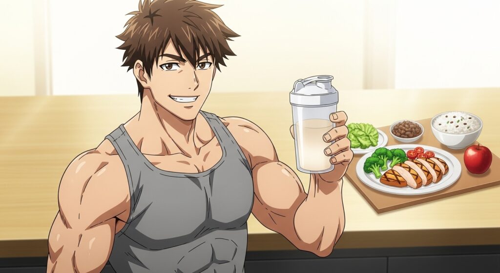 ワークアウト後にプロテインを飲む、笑顔の筋肉質な男性のイラスト。背景には、鶏むね肉やブロッコリーなど健康的な食材が描かれている。