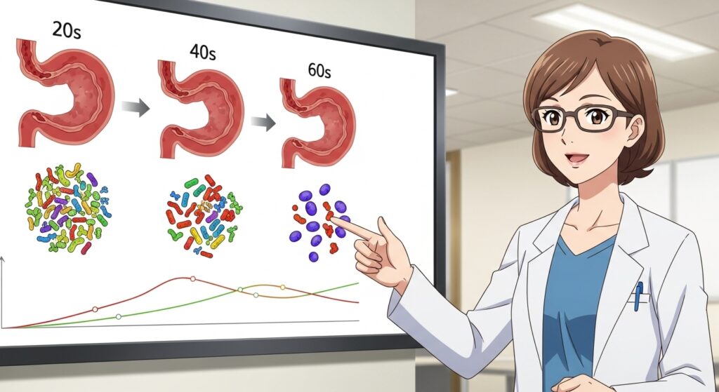専門家が、年齢別に変化する腸内フローラの状態を分かりやすく図解しているイラスト。