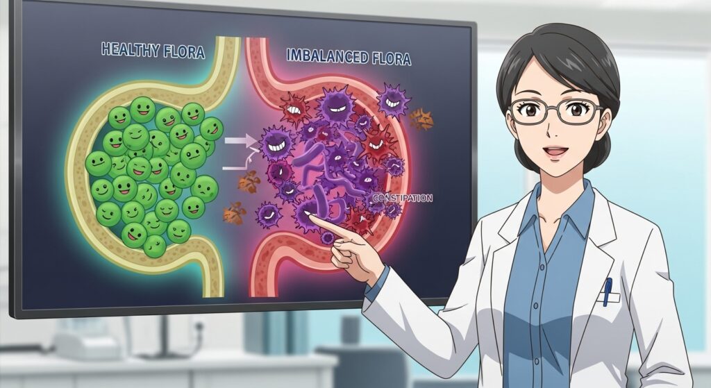心配そうな表情の女性がお腹に手を当てているイラスト。彼女の背後には、乱れた腸内フローラを表す暗い色のイラストが描かれている。