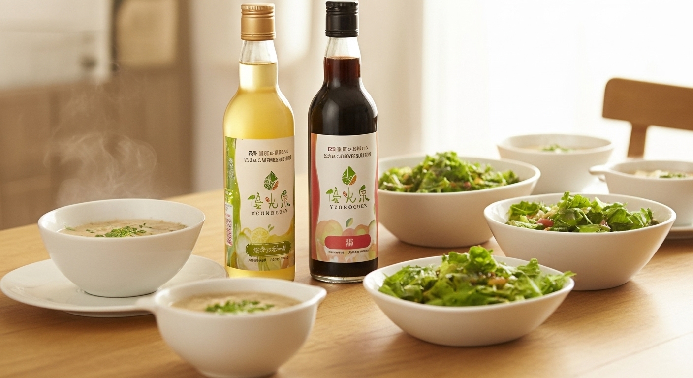 優光泉の瓶と、相性の良い食材（温かいスープ、サラダ）が並んだ健康的な食卓