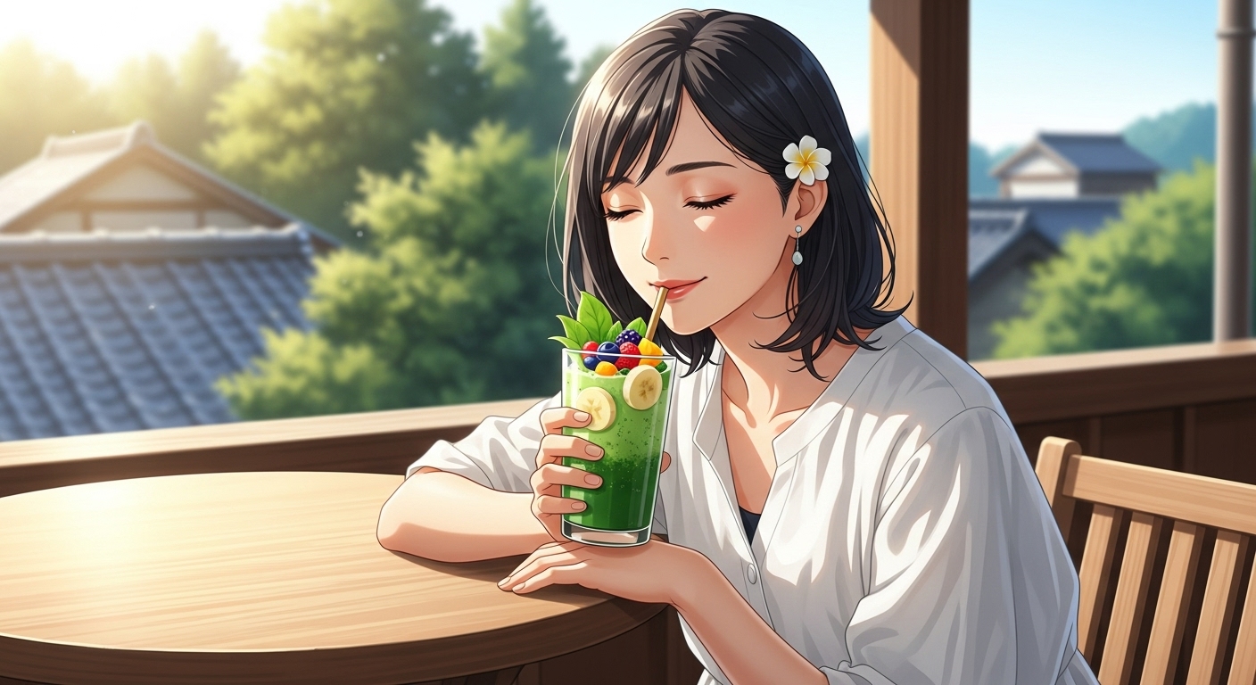 朝日を浴びながらスムージーを飲む日本人女性のイラスト。腸活がもたらす健康と美容を、爽やかで温かい雰囲気で表現しています。
