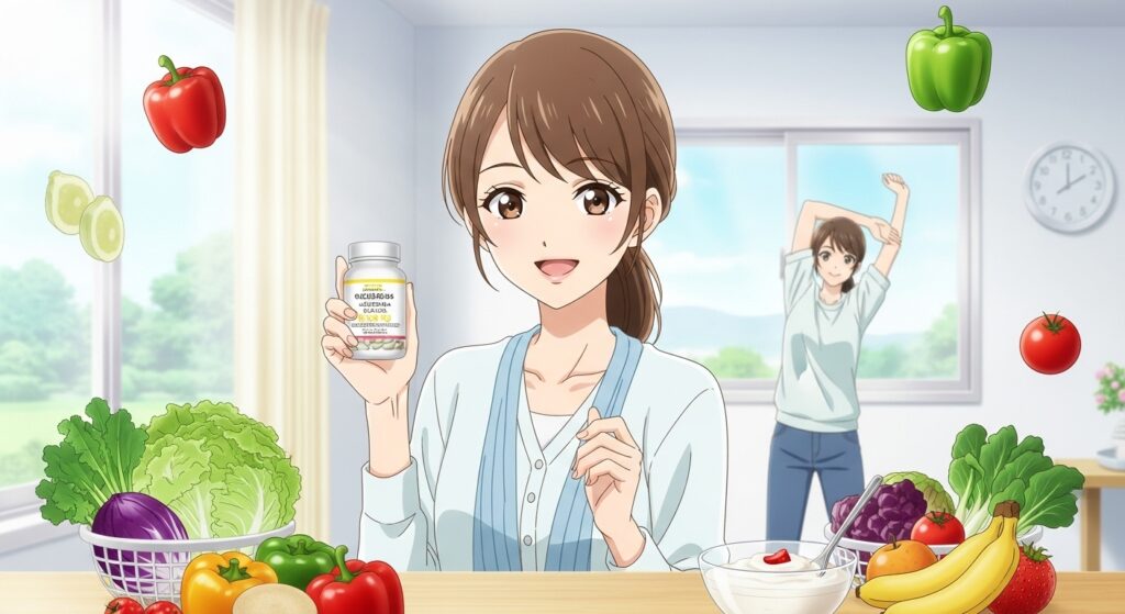 笑顔の女性が、サプリメントのボトルを持ち、野菜や果物、ヨーグルトに囲まれているイラスト。
