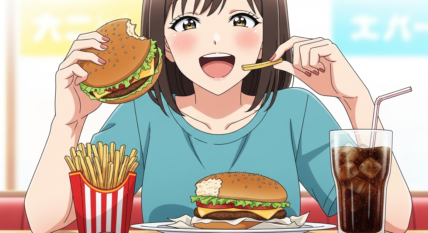 女性がハンバーガー、フライドポテト、コーラをおいしそうに食べているイラスト。