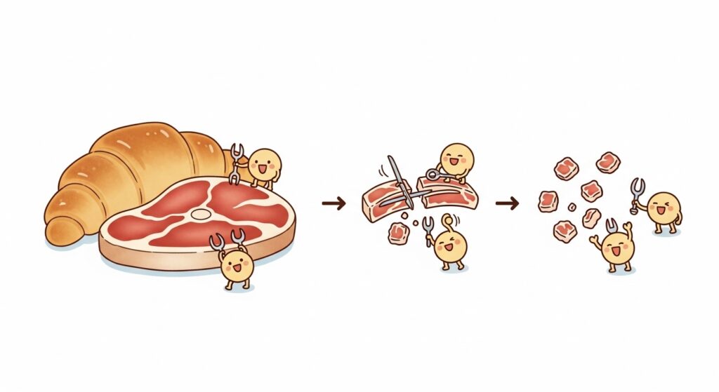 消化酵素が食物を小さな栄養素に分解する様子を描いた、教育的なアニメ風の図解イラスト。