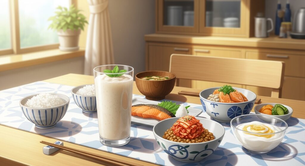 朝食の食卓に並べられた、簡単で美味しそうな発酵食品を使った腸活レシピの料理。