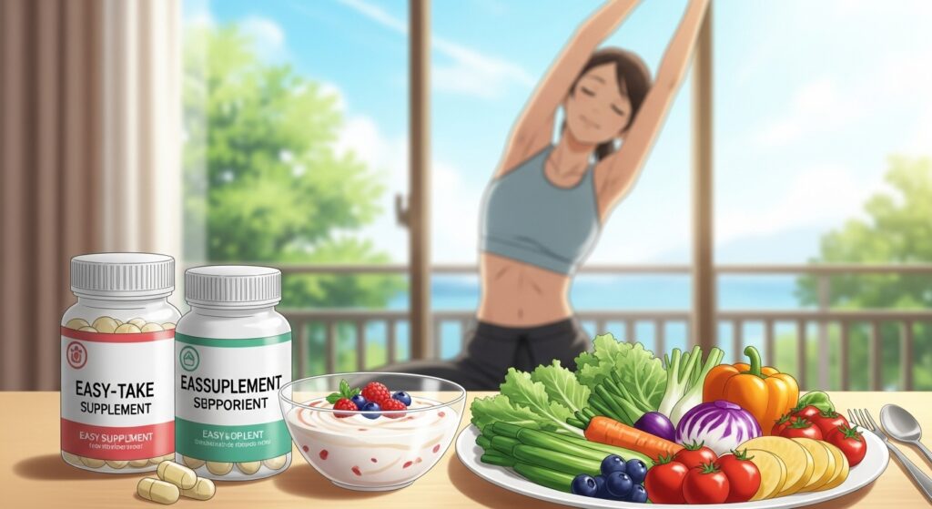 手軽に飲めるサプリメントと、野菜やヨーグルトなど健康的な食事が並べられたイラスト。