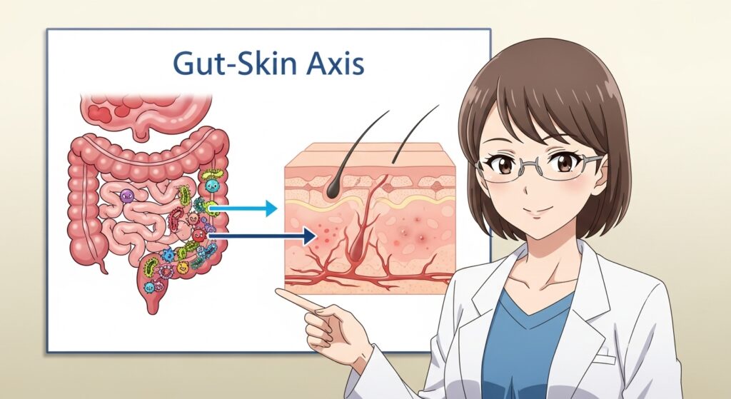 専門家が、腸内環境の悪化が肌荒れを引き起こすメカニズムを分かりやすく図解しているイラスト。