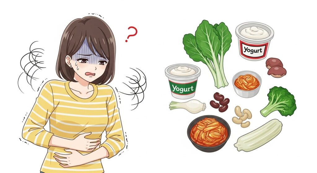 女性が、良いと信じて食べていたヨーグルトや納豆を見て、お腹を抑えて困っているイラスト。