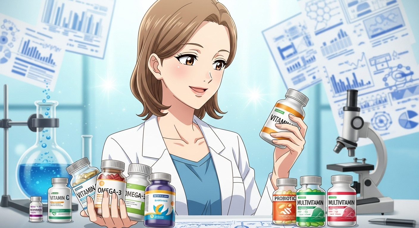 笑顔の女性が、様々な種類のサプリメントを前に、手に取って選んでいるイラスト。背景には、科学的根拠をイメージさせるフラスコや論文が描かれている。