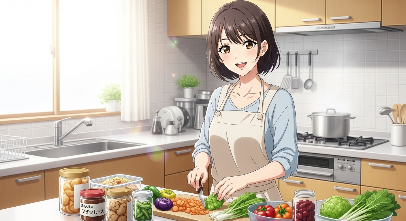 キッチンで料理をする健康的な女性のイラスト。発酵食品と野菜が並び、腸活レシピを表現。