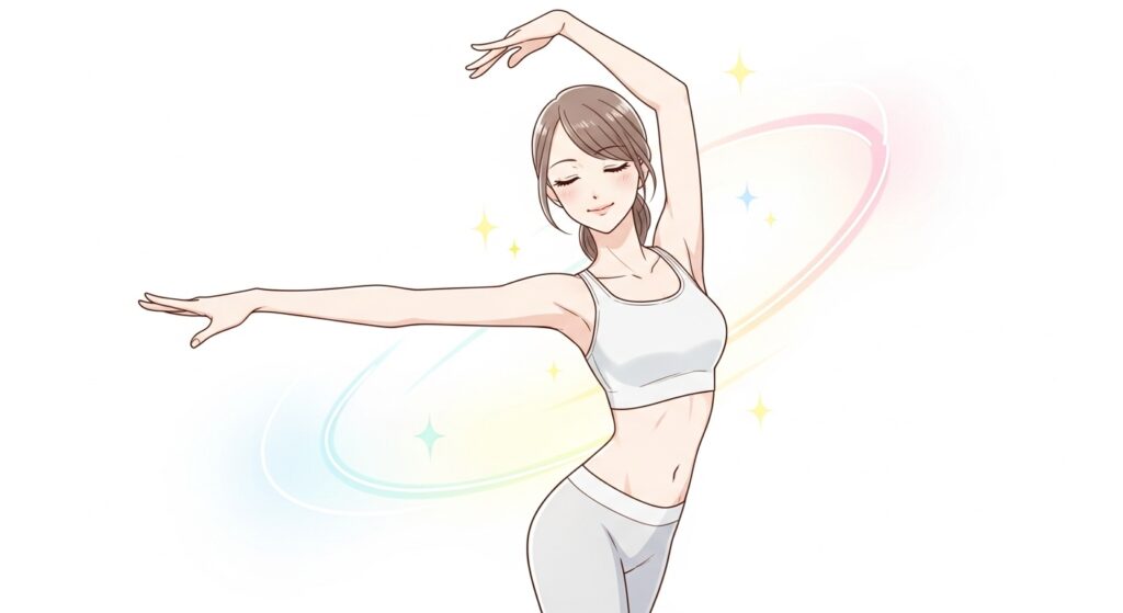 ファスティングと運動の相乗効果 ファスティング中の運動を示す、優しく可愛らしいタッチの日本人女性のイラスト。