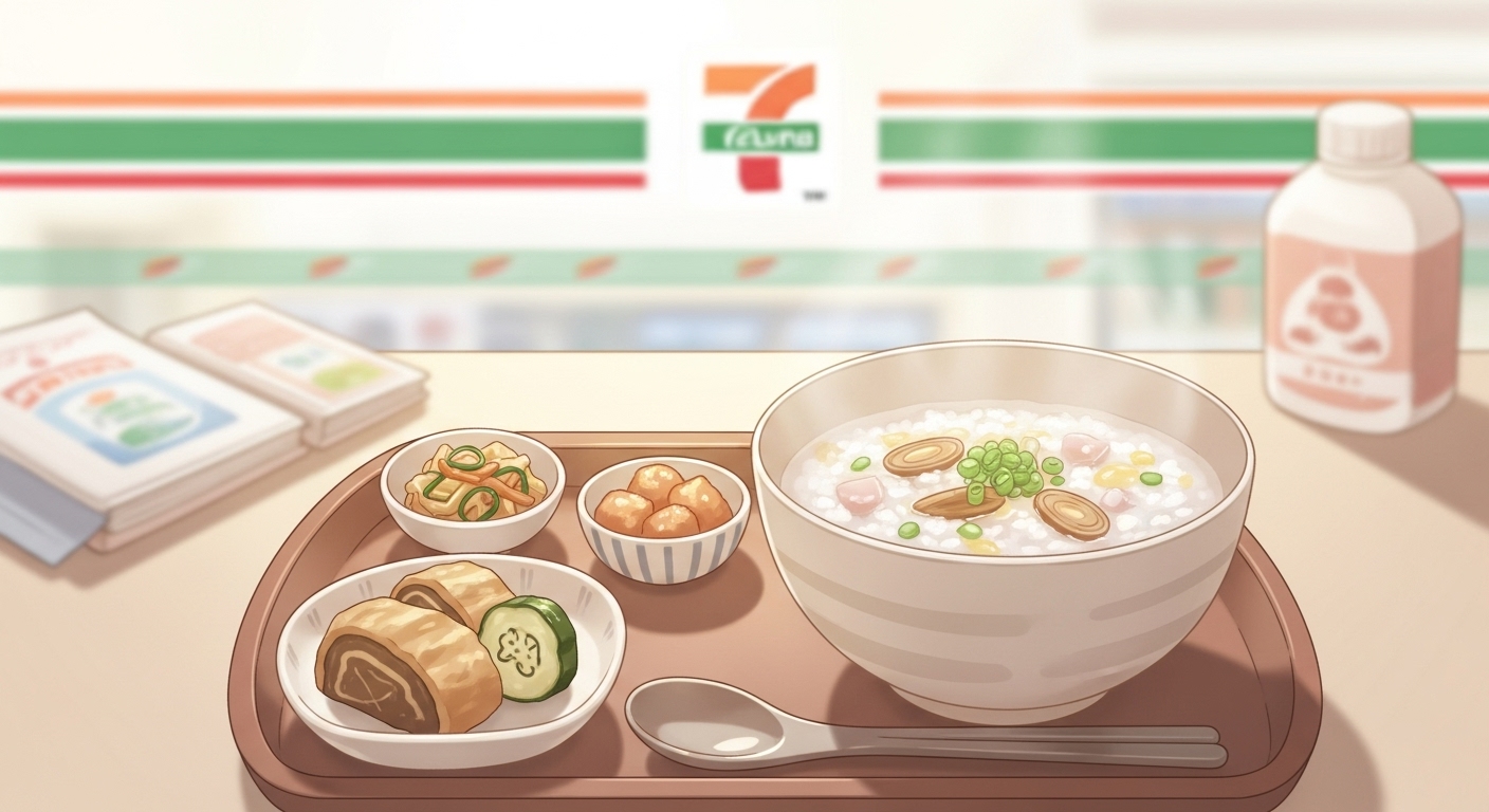 ファスティング後の回復食を示す、優しく可愛らしい和食のイラスト。コンビニ商品も背景に描かれています。