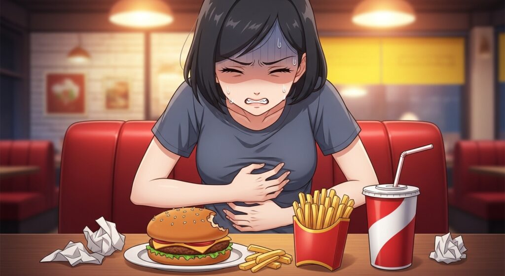 女性が腹痛を訴えているイラスト。周りにはハンバーガー、フライドポテト、コーラが描かれている。
