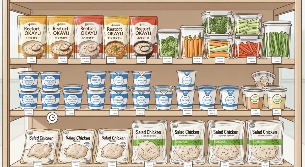 ファスティング後の回復食に役立つコンビニエンスストアのアイテムが並ぶ棚のイラスト。手軽で時短のイメージ。