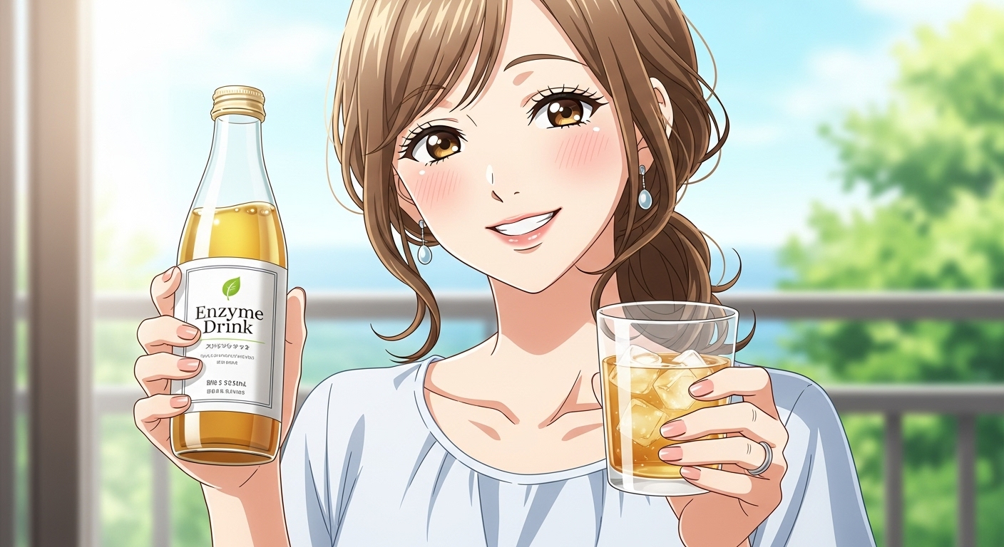 酵素ドリンクを手に持つ、健康的で笑顔の日本人女性のアニメ風イラスト。ファスティングや美容をイメージさせる画像。