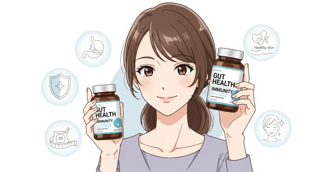 笑顔の女性が、サプリメントのボトルを持って満足げな表情を浮かべているイラスト。ボトルには「腸活」「免疫力」といった文字が書かれている。