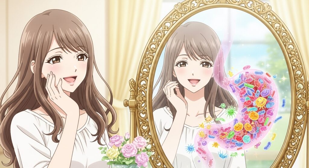 笑顔の女性が、鏡を見て肌の調子の良さを確認しているイラスト。鏡には、腸内環境の善玉菌が描かれている。