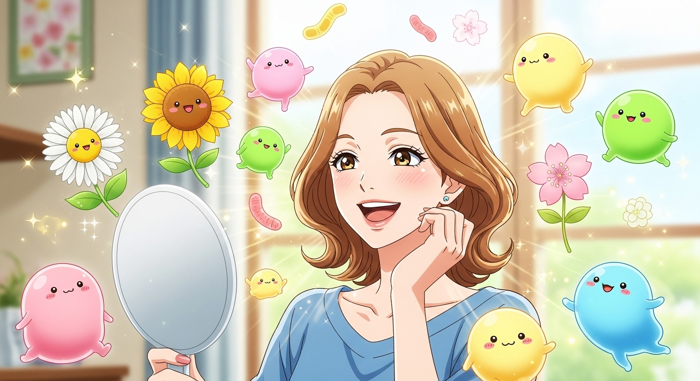 手鏡で自分の肌を見て喜んでいる女性のイラスト。周囲には花や腸内フローラの善玉菌をイメージした可愛らしいキャラクターが舞っており、内側からの美しさを表現している。