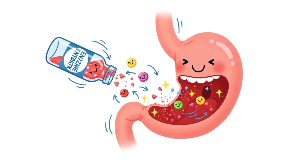 酵素ドリンクは胃酸で分解される 酵素ドリンクを飲むと、胃の中で分解される様子を可愛らしいイラストで表現。