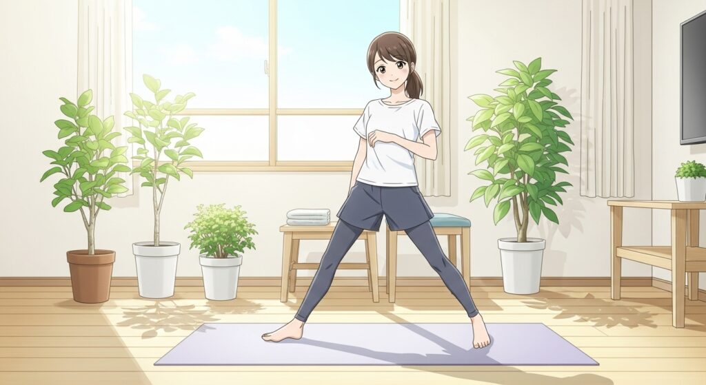 ファスティング中の軽い運動のイメージ：ウォーキングやストレッチをする日本人女性のアニメ風イラスト。爽やかな笑顔。