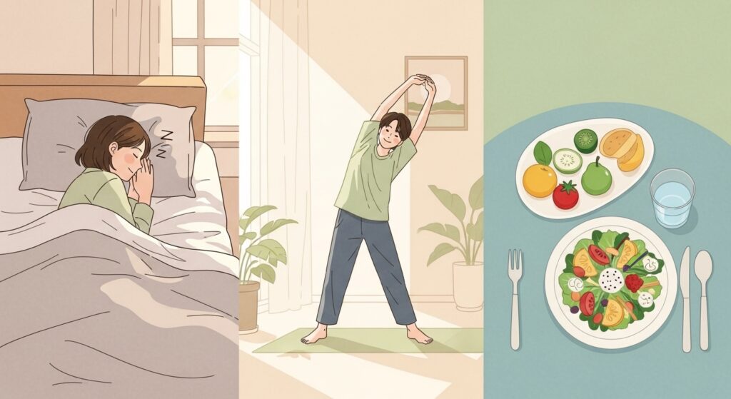 健康的な酵素ライフスタイルのヒント 健康的な生活習慣(良質な睡眠、適度な運動、バランスの取れた食事)を象徴するイラスト。