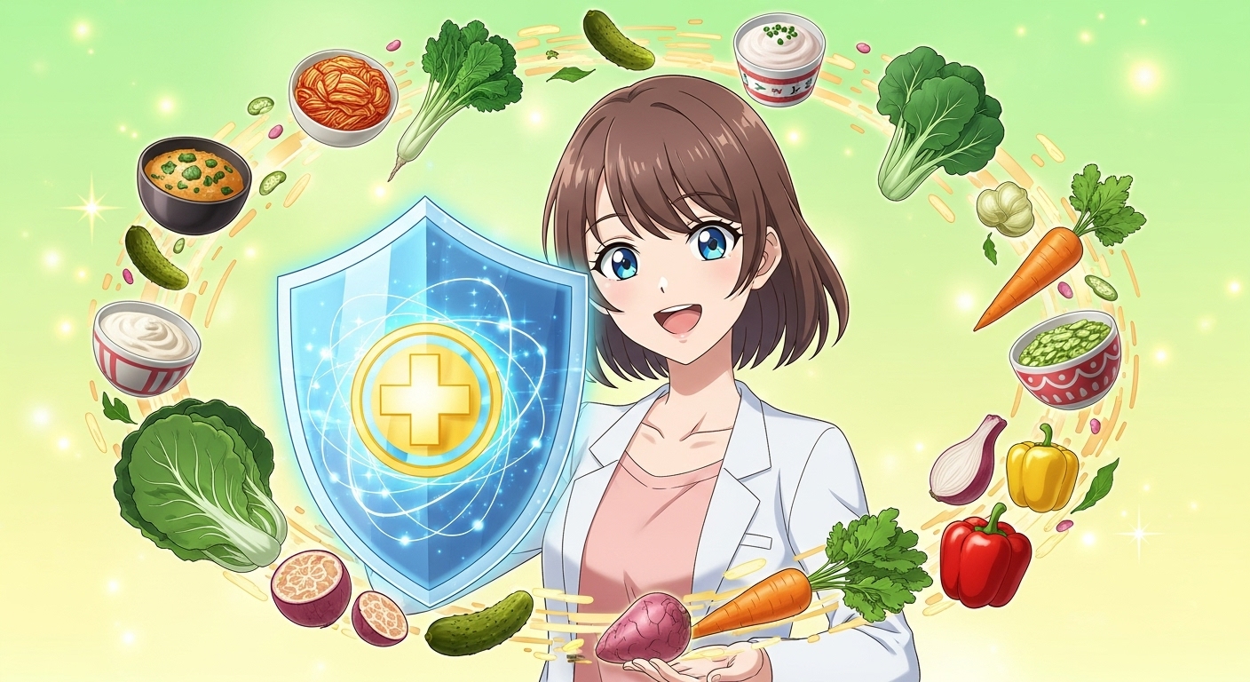 腸内環境のイメージイラスト。善玉菌が花畑のように咲き誇り、悪玉菌が隅に追いやられている様子。