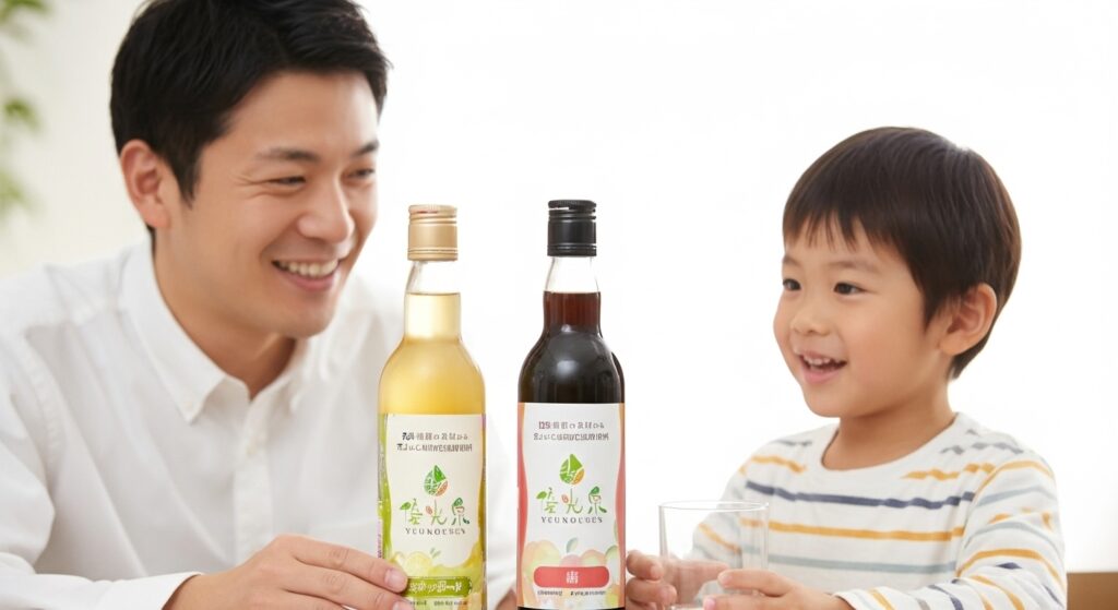 優光泉を家族の食生活に取り入れることを促す記事内の画像です。 親子で優光泉のボトルを囲み、笑顔でグラスを手にしている写真。