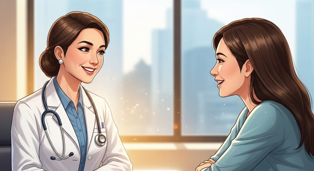 医師と患者が話している、信頼感のあるイメージのイラスト。