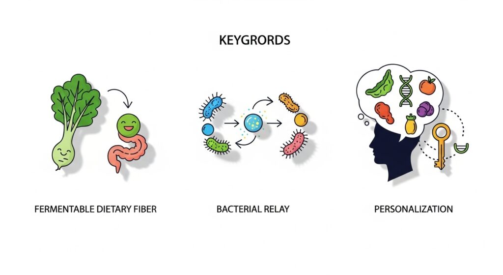 発酵性食物繊維、菌のリレー、パーソナライズといった腸活の最新トレンドを示す図解。