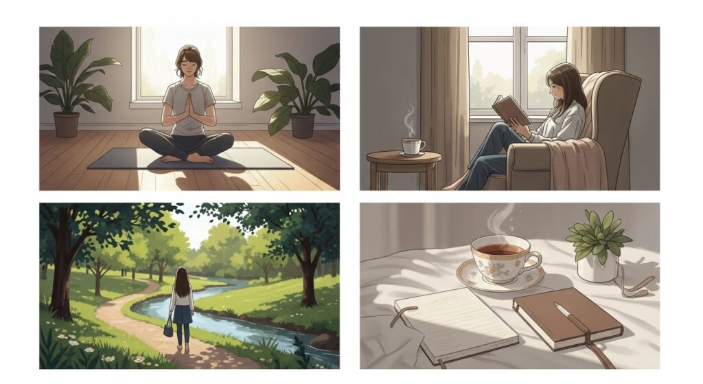 空腹時の過ごし方ヒント ヨガ、読書、散歩など、ファスティング中の空腹時に行えるリラックスできる活動を表す複数のイラスト。