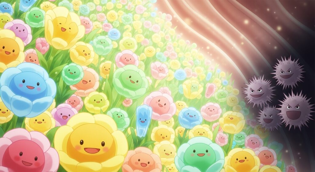 腸内環境のイメージイラスト。善玉菌が花畑のように咲き誇り、悪玉菌が隅に追いやられている様子。