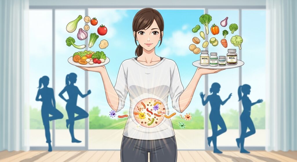 リバウンドを阻止し、健康的で美しい体型を維持する成功例 ファスティング後にリバウンドを防ぎ、健康的で引き締まった体型を維持している笑顔の女性。食事、サプリメント、運動、そして腸内環境のバランスの取れたライフスタイルを示すイラスト。