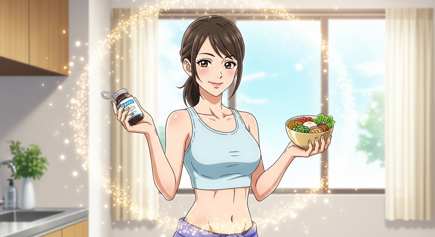 ファスティング後のリバウンドを阻止するため、プロテインやサプリメントを手に持ち、健康的な食事を管理している、明るく引き締まった体型の日本アニメ風女性のイラスト。