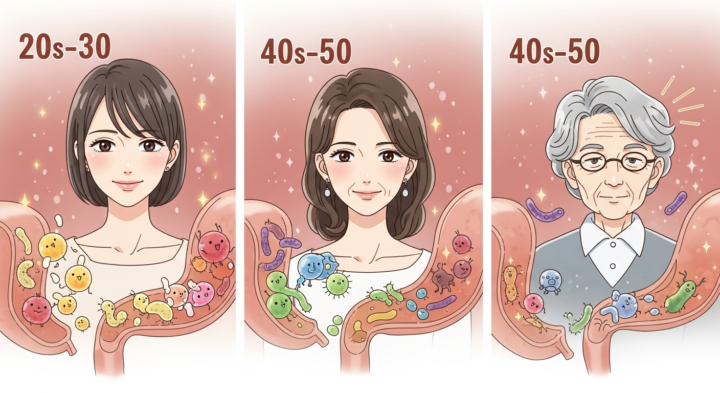 年齢別（20代, 40代, 60代）の腸内フローラの変化と、健康的な人物像を示した日本アニメ風のイラスト。