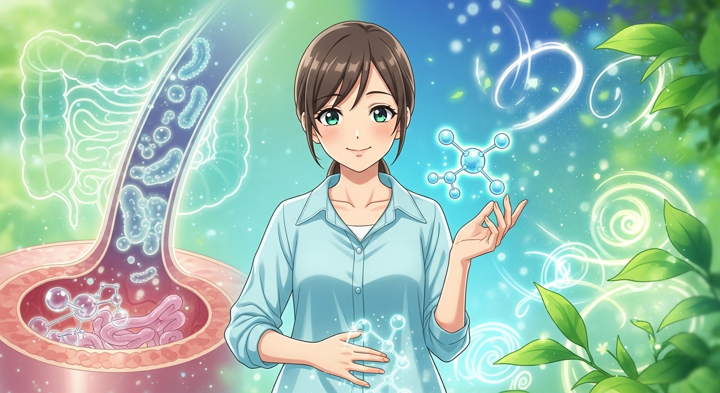 酪酸菌と短鎖脂肪酸の科学的な効果を解説するアニメ風イラスト