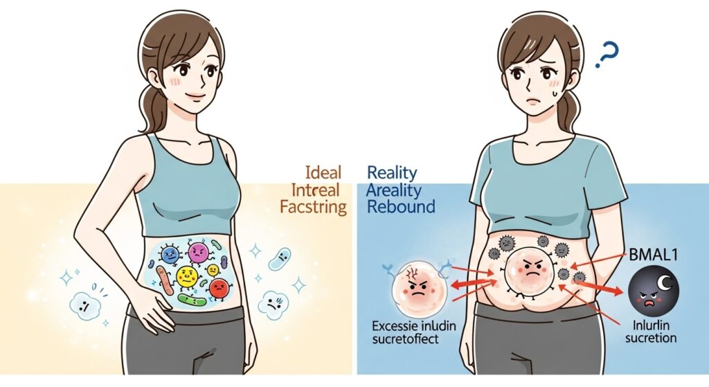 ファスティング後のリバウンドを招く体内メカニズムの図解 ファスティング成功後の理想的な体型と、リバウンド後の体型を対比。体内でインスリン、BMAL1が作用し脂肪が蓄積するメカニズムを示すアニメ風インフォグラフィック。