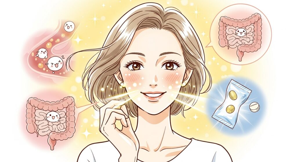 サプリメントによる腸活で肌にツヤとハリを取り戻し、明るく爽やかな笑顔になった日本アニメ風の女性のイラスト。
